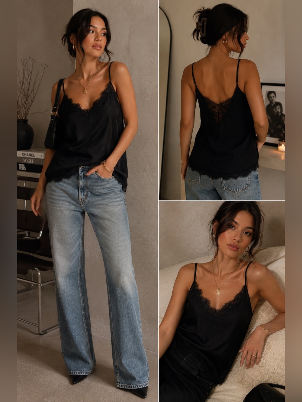 Floreat Anthropologie Black Satin Lace Trim Cami Small Y2K Babydoll Romantic